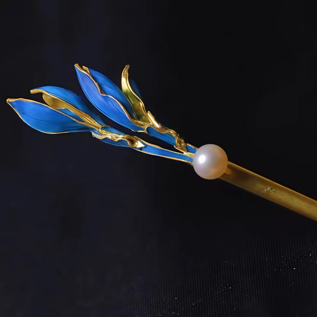 Handmade Hairpin By Chinese Artisan - Gold-Plated Silver Filigree with Kingfisher Feathers & Jade Orchid