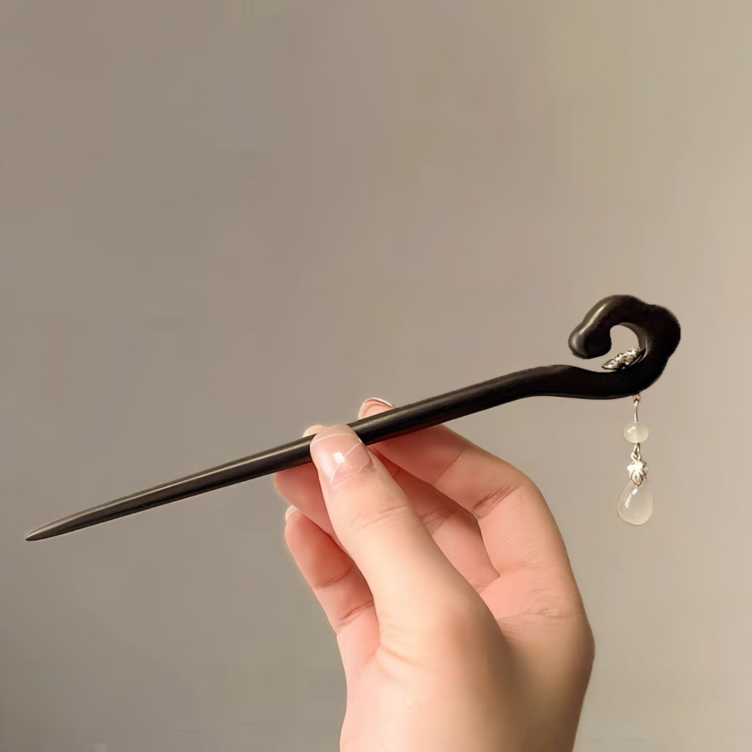 New Chinese Style Jade Pulp Water Droplet Hairpin - Handmade Pearl & Ebony Wood Hair Stick, Vintage Elegant Hair Accessory for Women