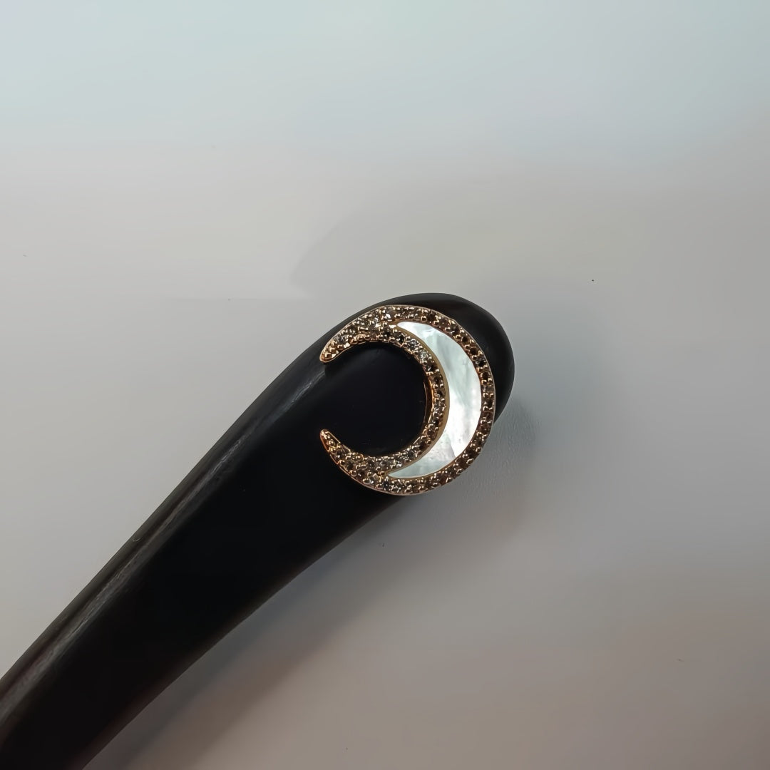 Modern Minimalist Zircon Moon Hairpin - Handmade Ebony Wood Hair Stick with Fritillary Design, Wedding Hair Jewelry