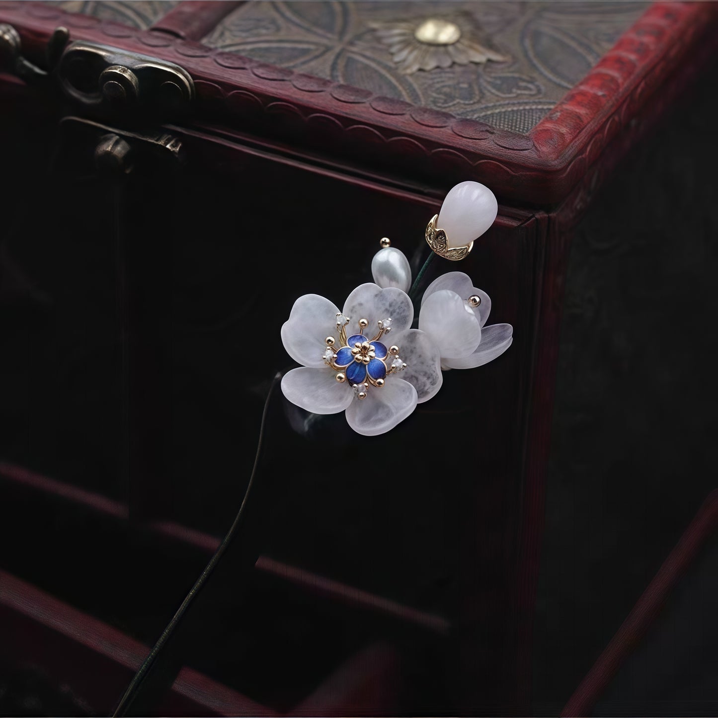 Swinging Peach Blossom Black Sandalwood & Jade Handmade Hair Stick