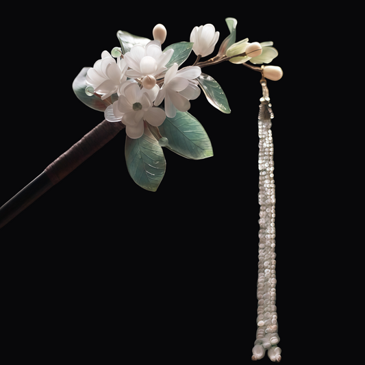 Handcrafted Jasmine Pearl & Aquatic Agate Hairpin