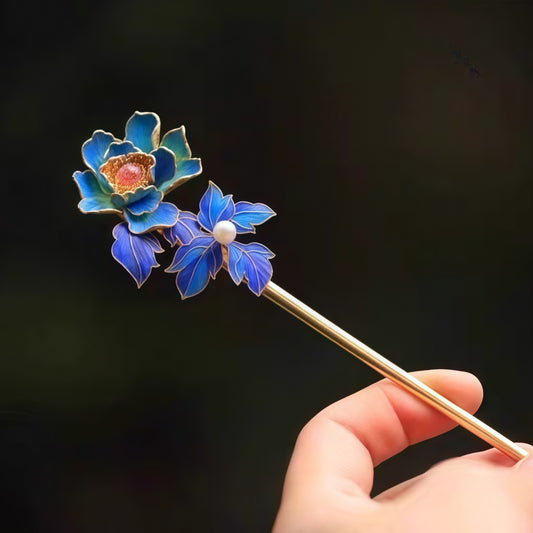 Handmade Gilded Flower Silk Hairpin - Tourmaline Inlaid Crabapple Blossom, Vintage Chinese Hair Jewelry