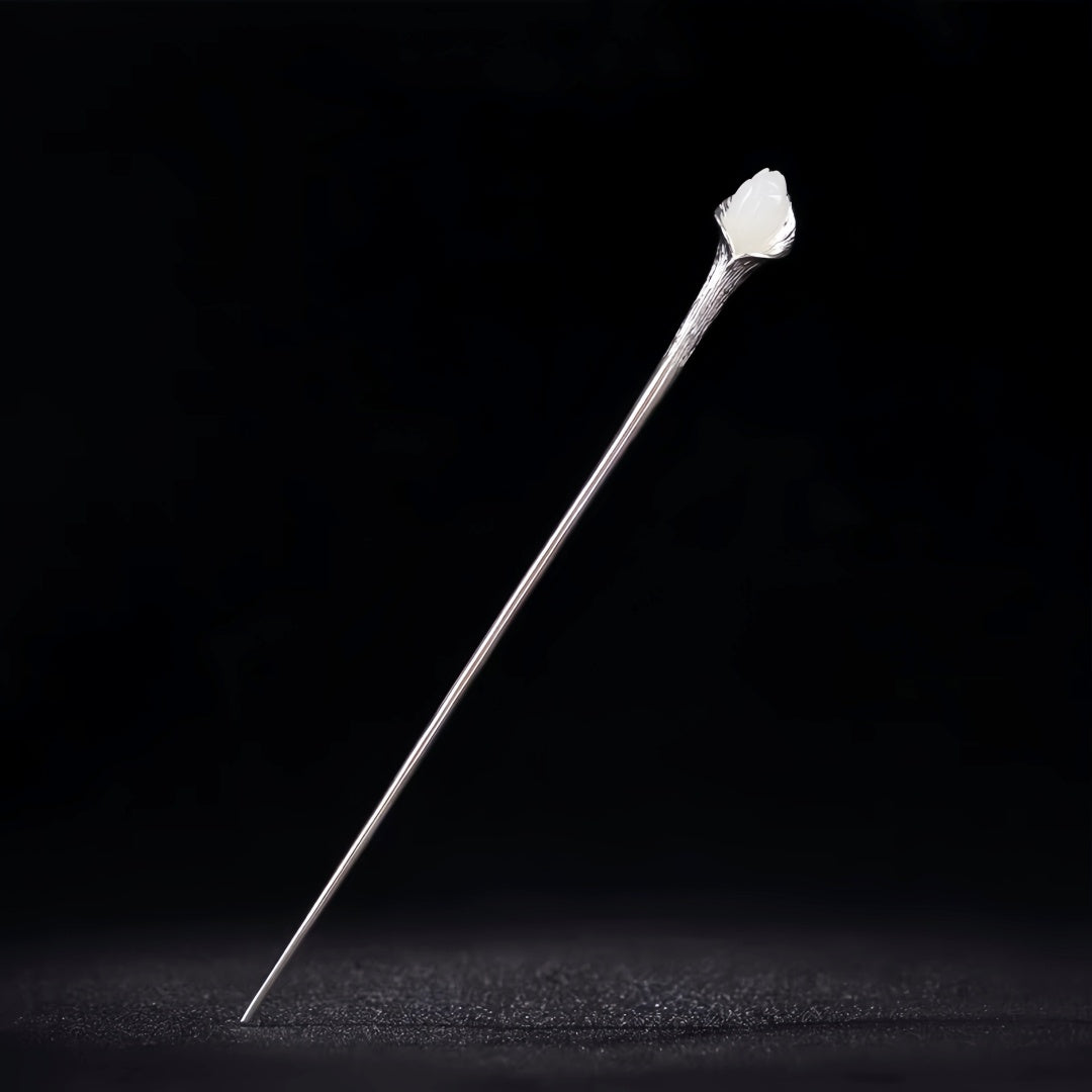 Handmade Sterling Silver Hotan Jade Hairpin - Chinese Orchid Hair Jewelry, Traditional Hair Stick for Women
