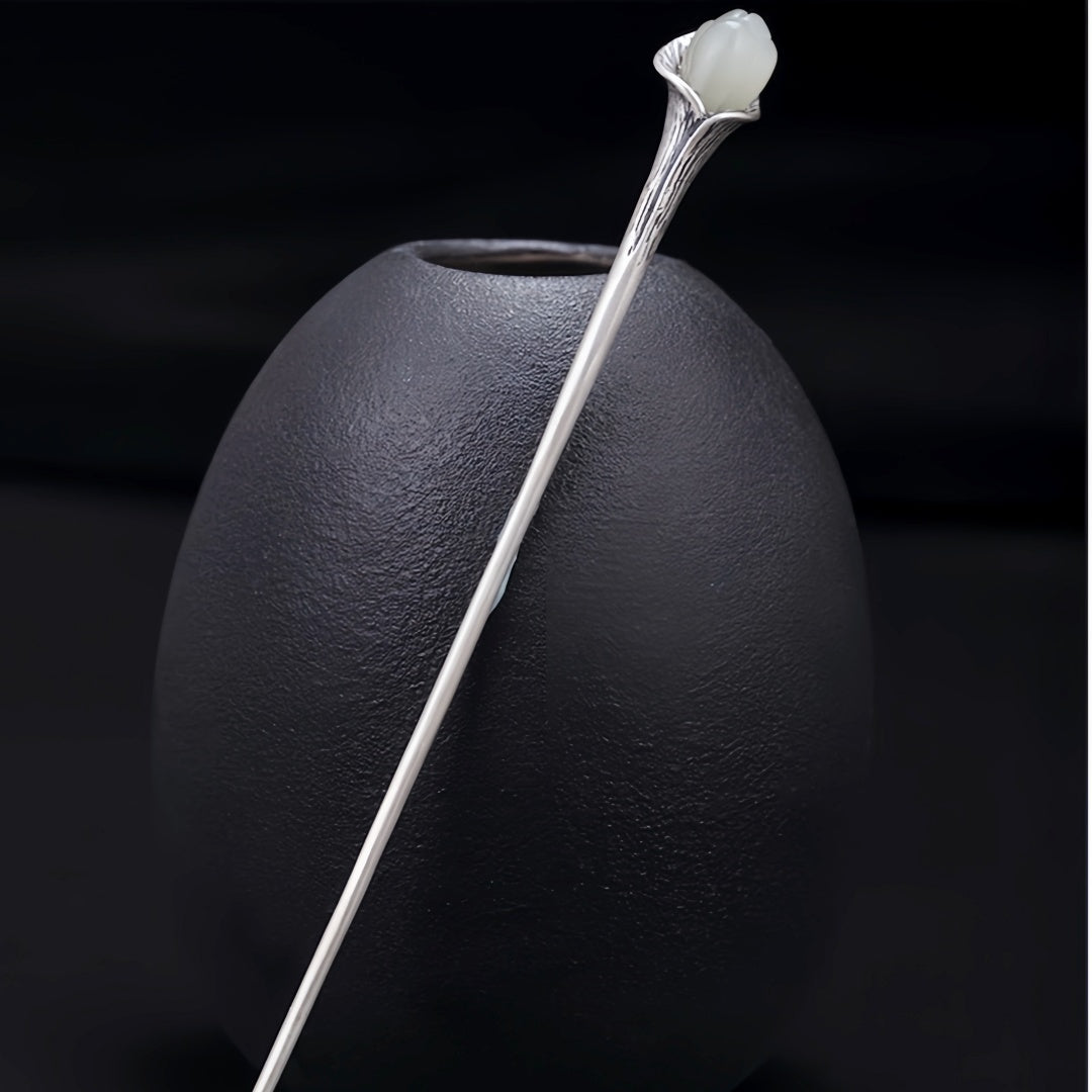 Handmade Sterling Silver Hotan Jade Hairpin - Chinese Orchid Hair Jewelry, Traditional Hair Stick for Women