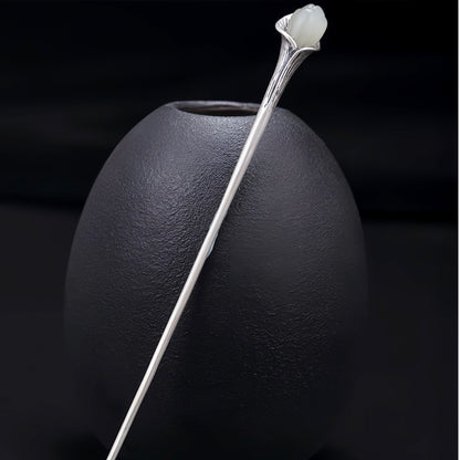 Handmade Sterling Silver Hotan Jade Hairpin - Chinese Orchid Hair Jewelry, Traditional Hair Stick for Women