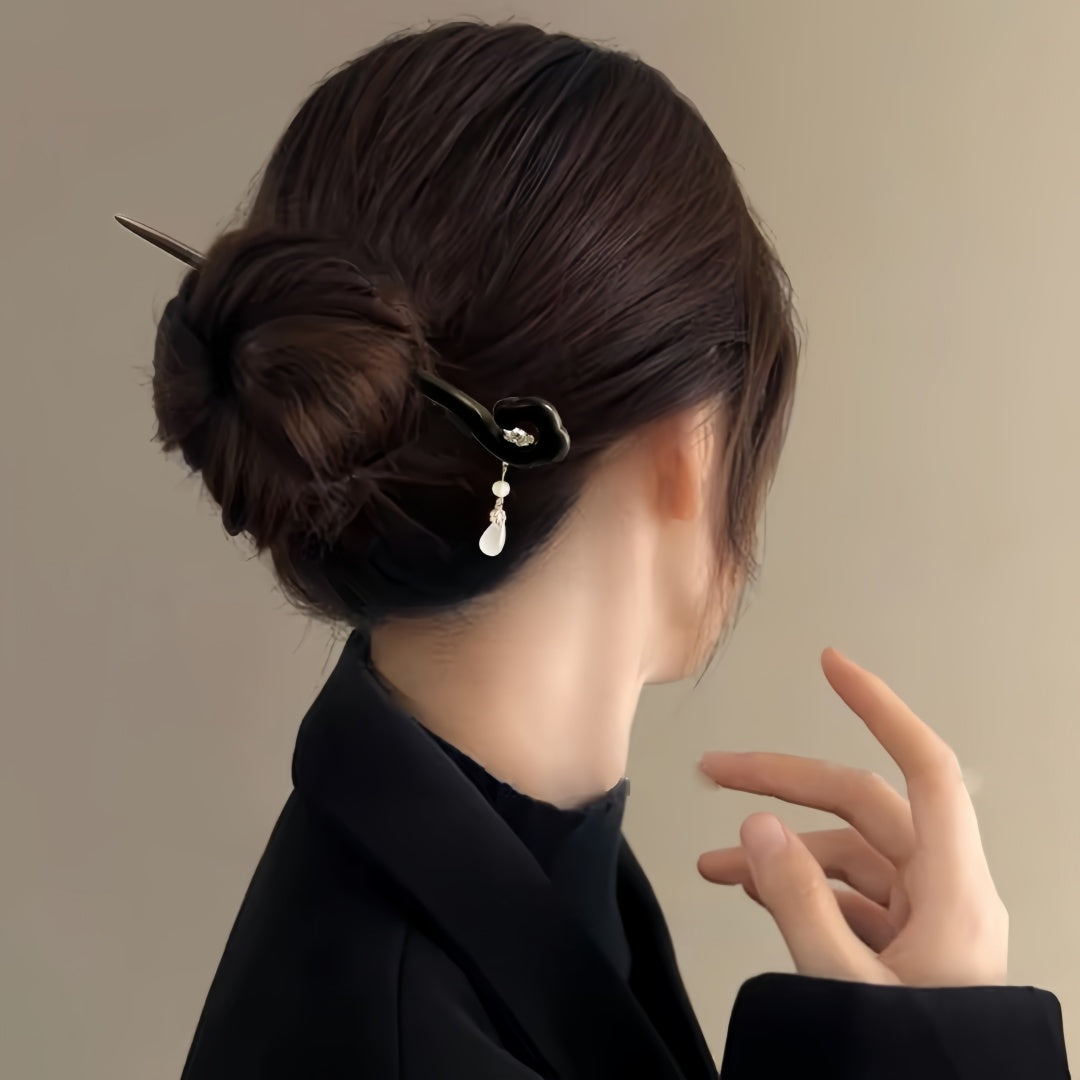 New Chinese Style Jade Pulp Water Droplet Hairpin - Handmade Pearl & Ebony Wood Hair Stick, Vintage Elegant Hair Accessory for Women