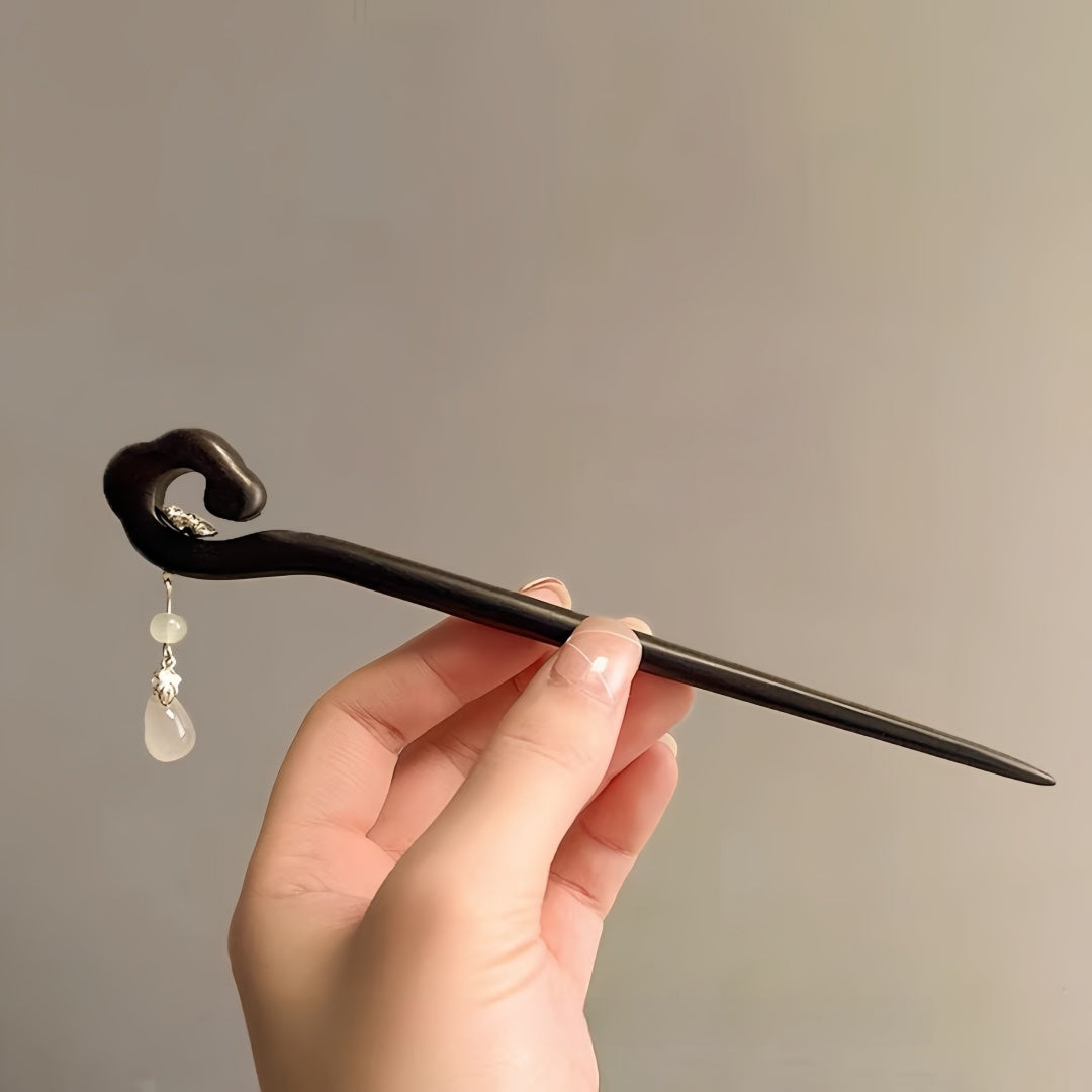 New Chinese Style Jade Pulp Water Droplet Hairpin - Handmade Pearl & Ebony Wood Hair Stick, Vintage Elegant Hair Accessory for Women