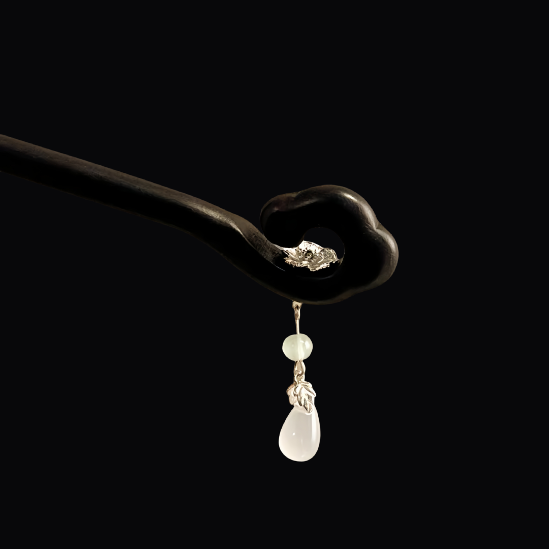 New Chinese Style Jade Pulp Water Droplet Hairpin - Handmade Pearl & Ebony Wood Hair Stick, Vintage Elegant Hair Accessory for Women