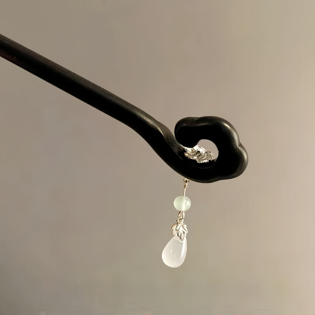 New Chinese Style Jade Pulp Water Droplet Hairpin - Handmade Pearl & Ebony Wood Hair Stick, Vintage Elegant Hair Accessory for Women