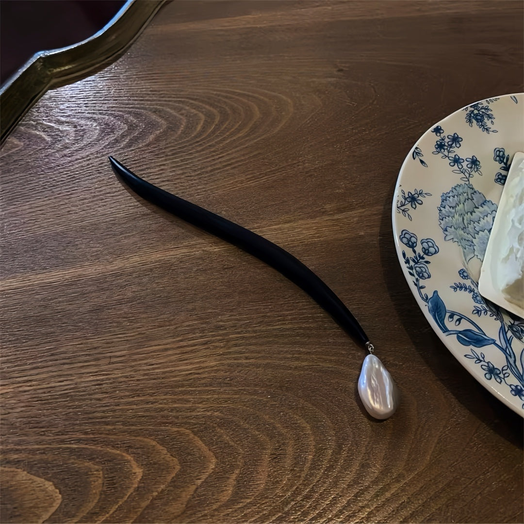 Antique Baroque Pearl Hairpin - Natural Ebony Wood Hair Stick, Vintage Chinese Hair Jewelry