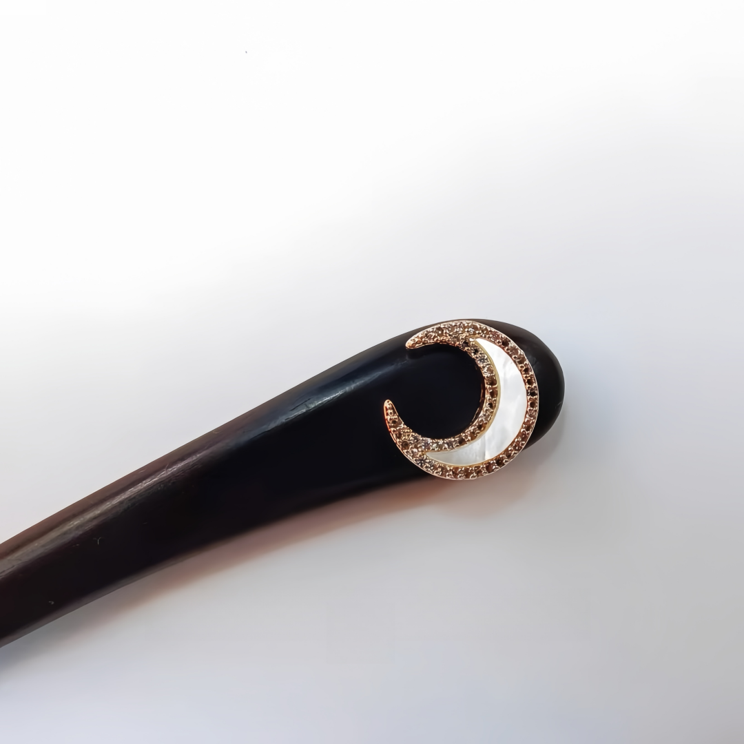 Modern Minimalist Zircon Moon Hairpin - Handmade Ebony Wood Hair Stick with Fritillary Design, Wedding Hair Jewelry