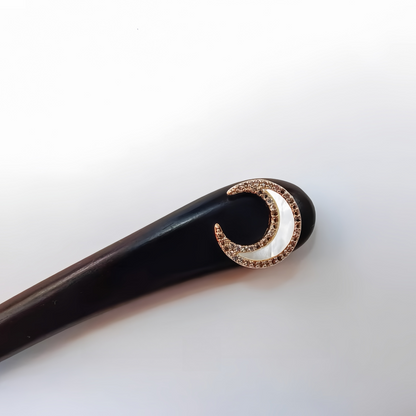 Modern Minimalist Zircon Moon Hairpin - Handmade Ebony Wood Hair Stick with Fritillary Design, Wedding Hair Jewelry