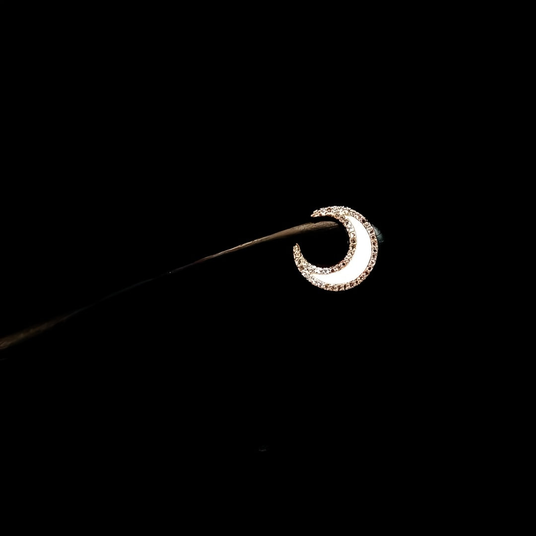 Modern Minimalist Zircon Moon Hairpin - Handmade Ebony Wood Hair Stick with Fritillary Design, Wedding Hair Jewelry