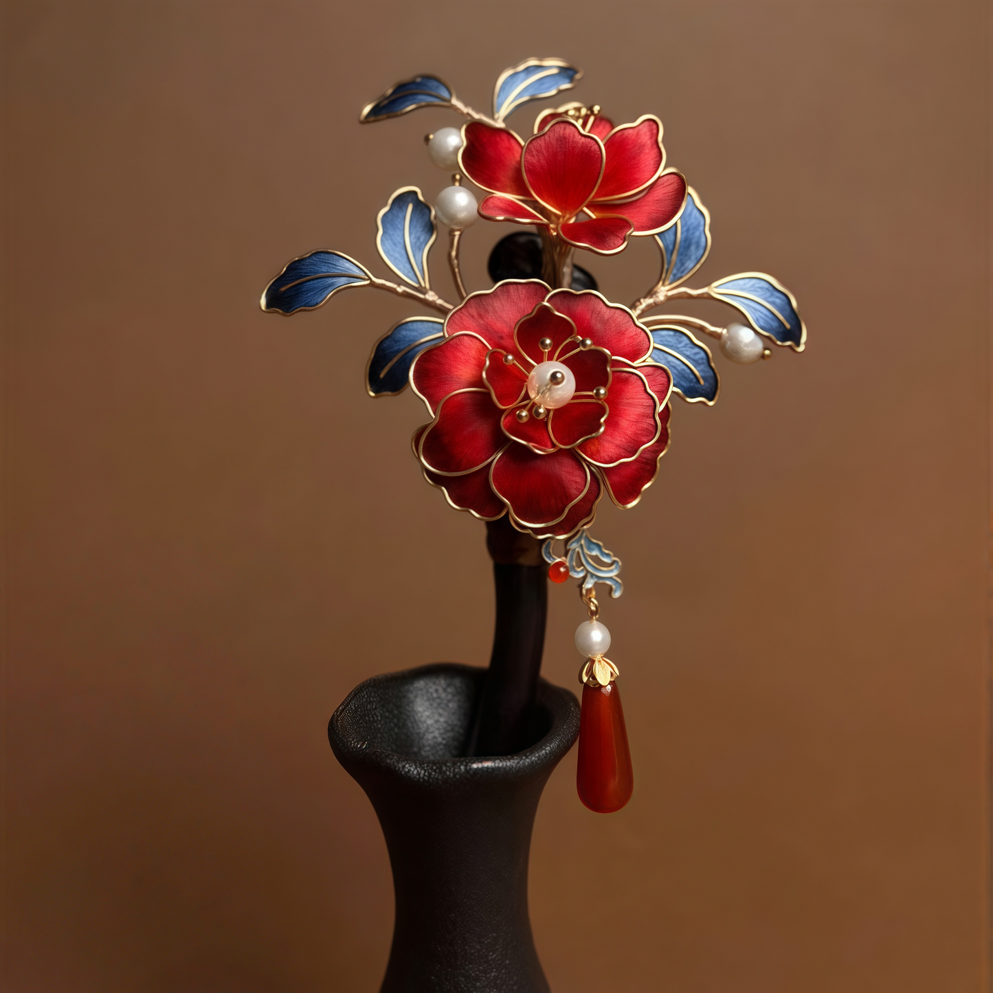 Kingfisher Feather Velvet Flower Traditional Chinese Blue & Red Handmade Hair Stick