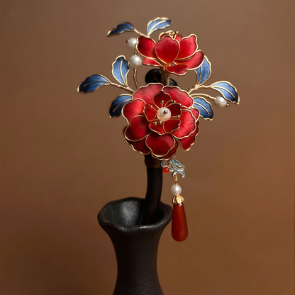 Kingfisher Feather Velvet Flower Traditional Chinese Blue & Red Handmade Hair Stick