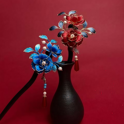 Kingfisher Feather Velvet Flower Traditional Chinese Blue & Red Handmade Hair Stick