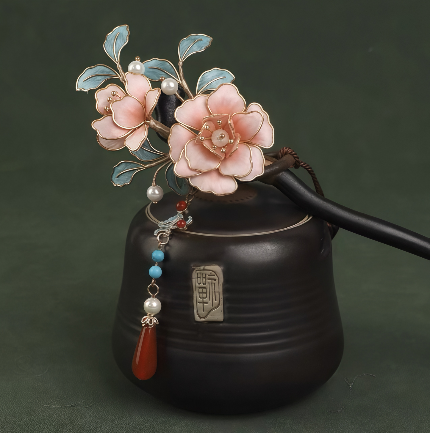 Kingfisher Feather Velvet Flower Traditional Chinese Blue & Red Handmade Hair Stick