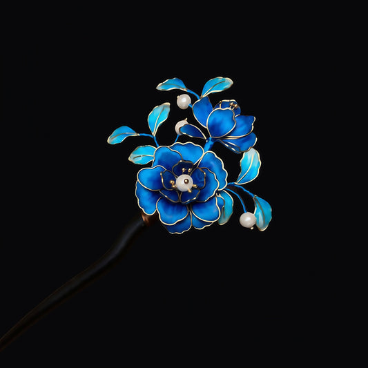 Kingfisher Feather Velvet Flower Traditional Chinese Blue & Red Handmade Hair Stick