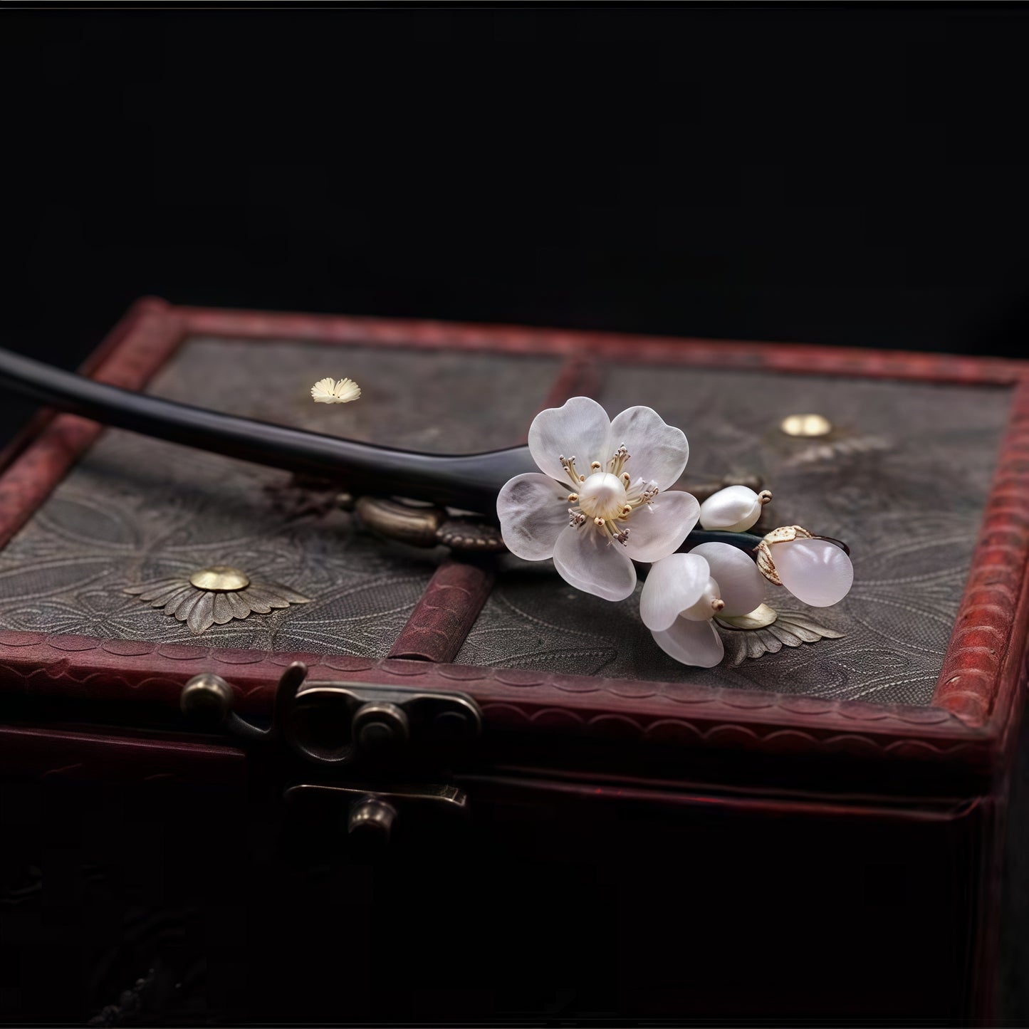 Swinging Peach Blossom Black Sandalwood & Jade Handmade Hair Stick