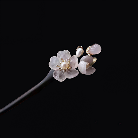 Swinging Peach Blossom Black Sandalwood & Jade Handmade Hair Stick